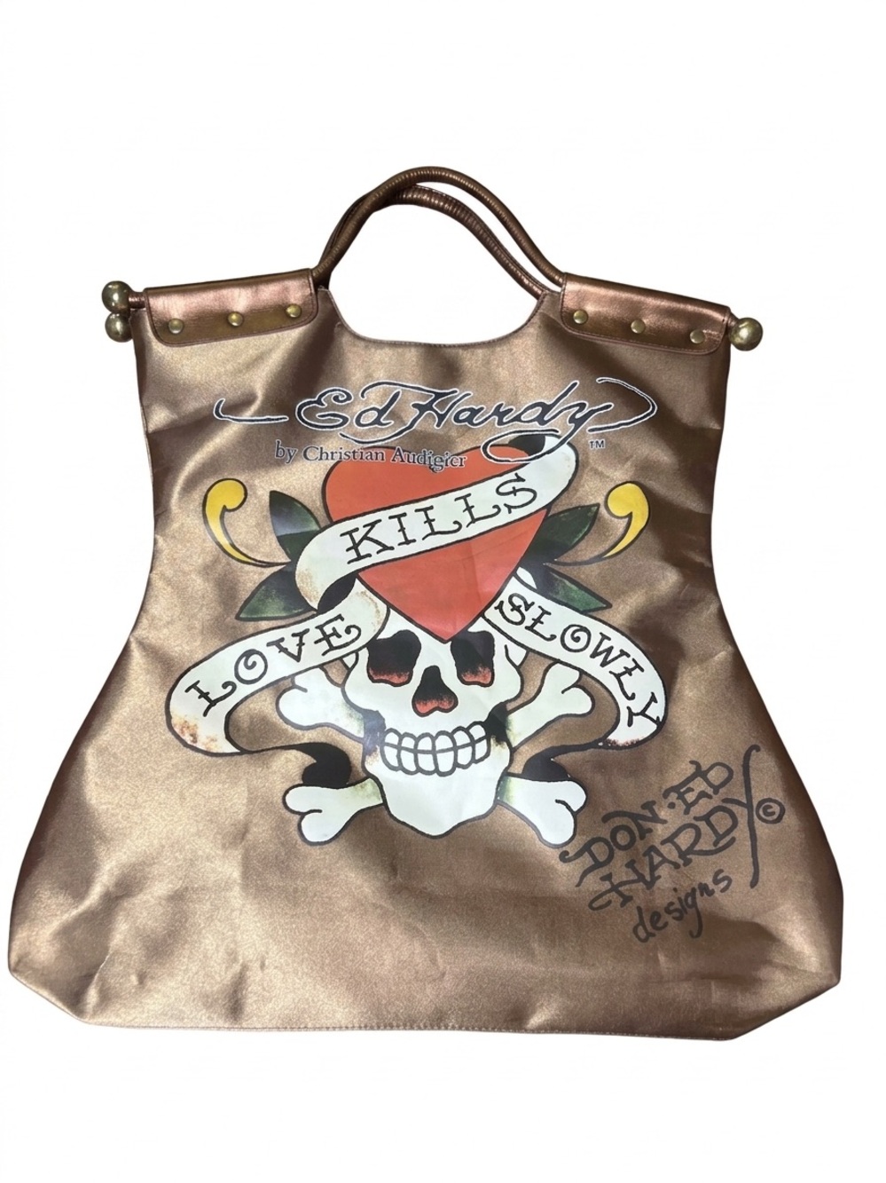 Y2K VINTAGE ED HARDY TOP HANDLE BROZE METALLIC GRAPHIC BAG PURSE